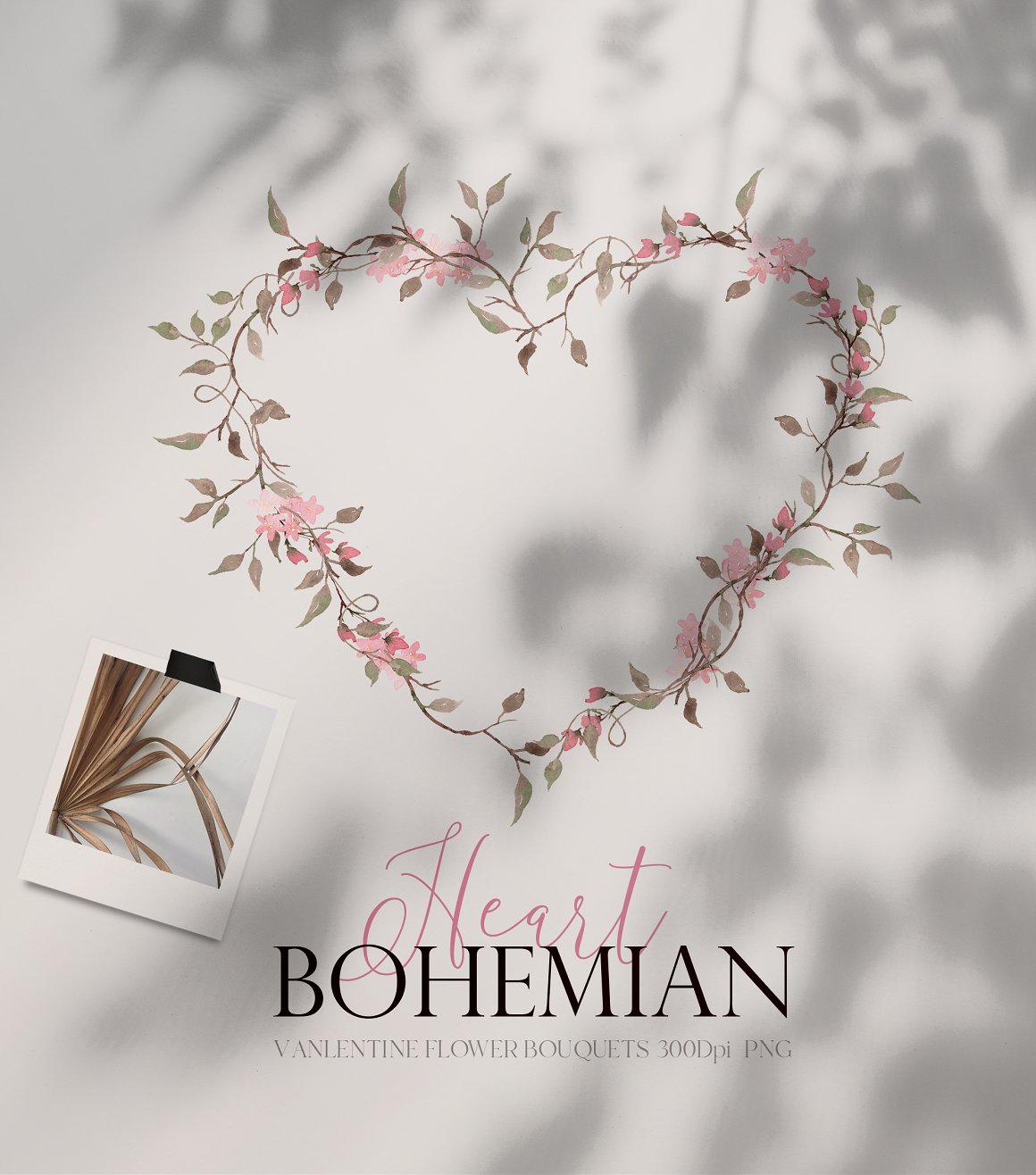 Pink-black lettering "Heart Bohemian" and heart of flowers.