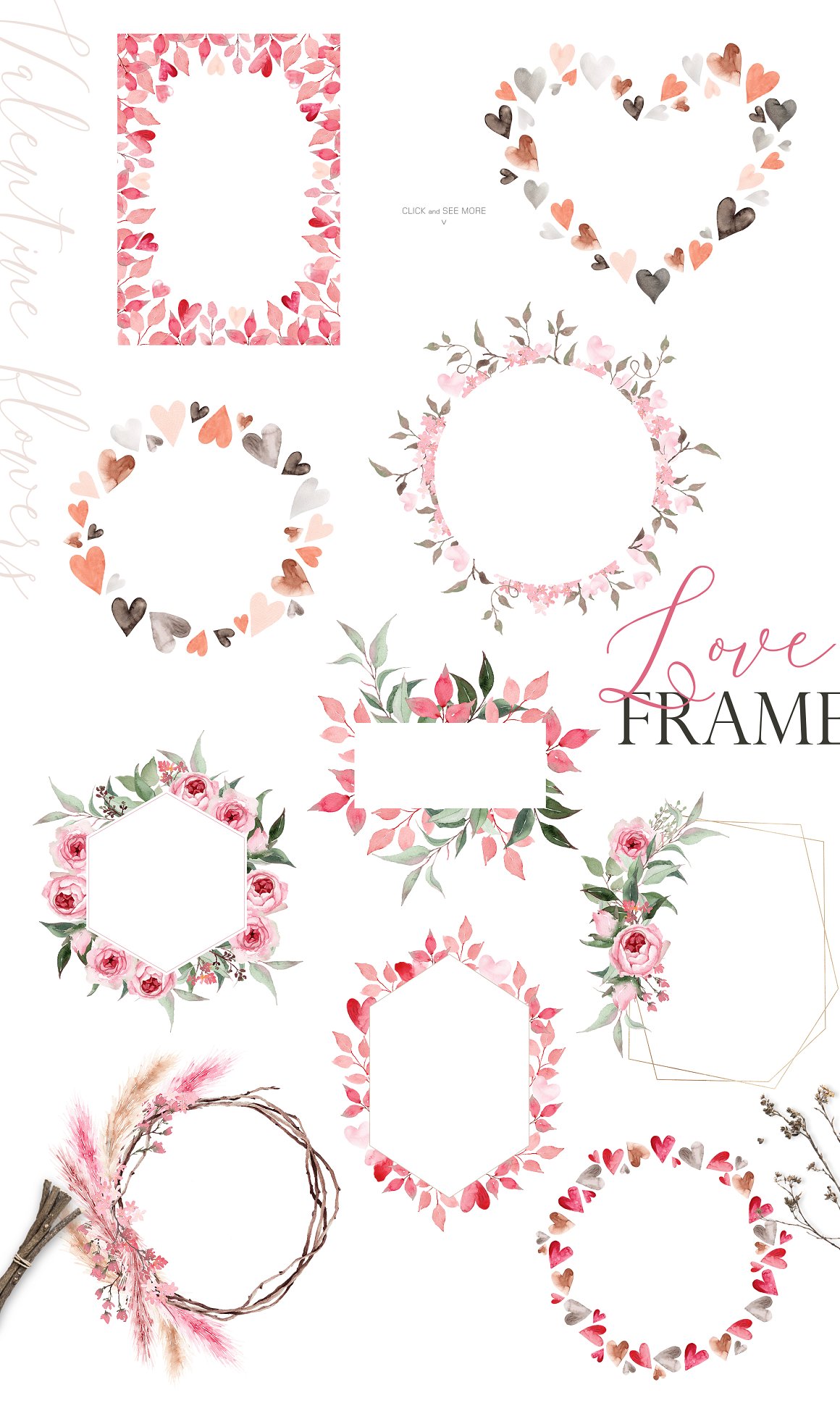 A set of 9 different watercolor flowers frames on a white background.