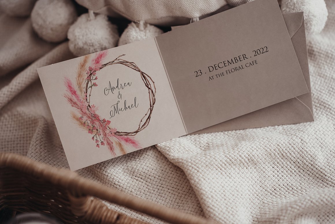 Beige wedding invitation on the 23 December 2022 at the floral cafe.