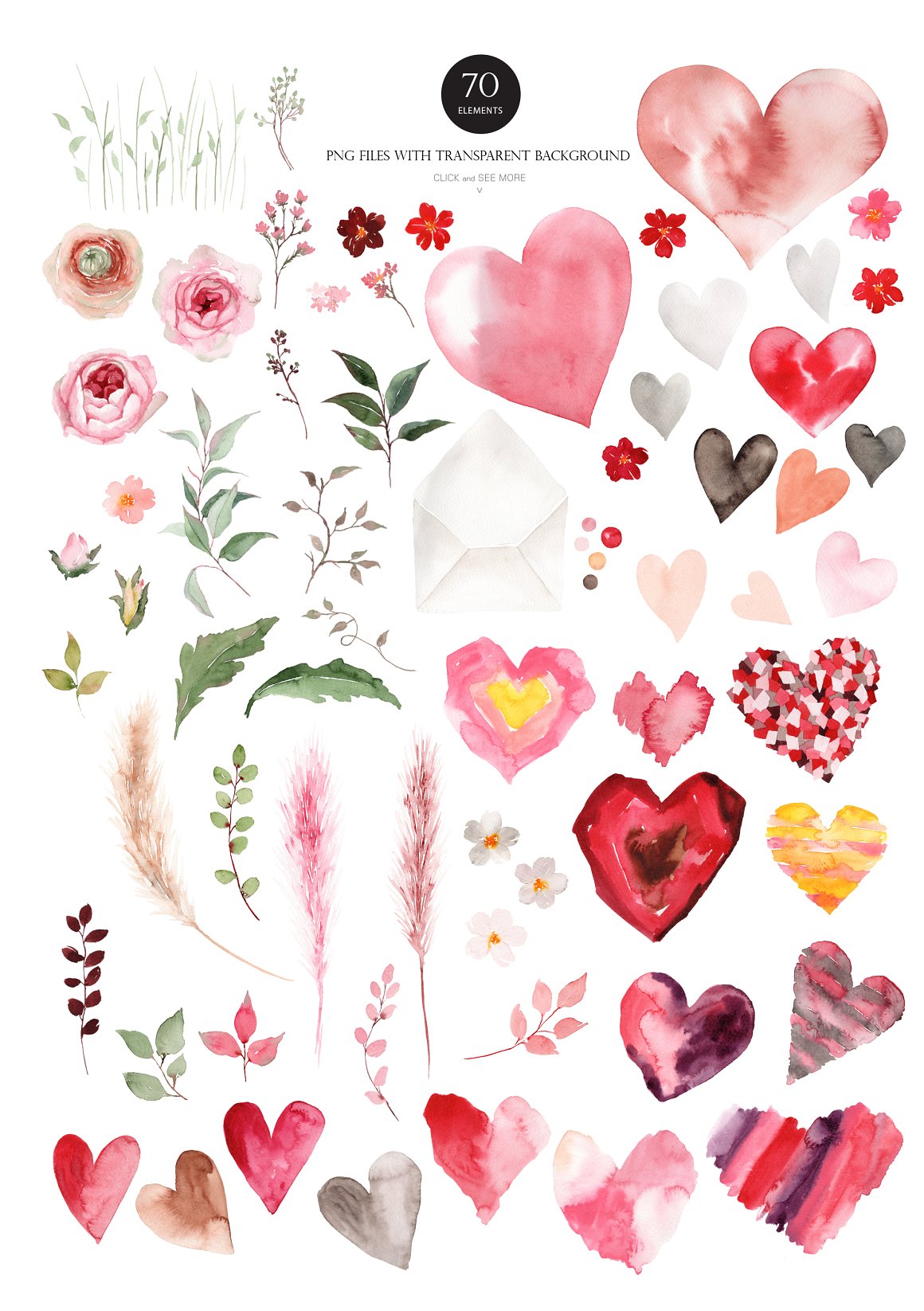 A set of 70 different watercolor valentine's elements on a white background.