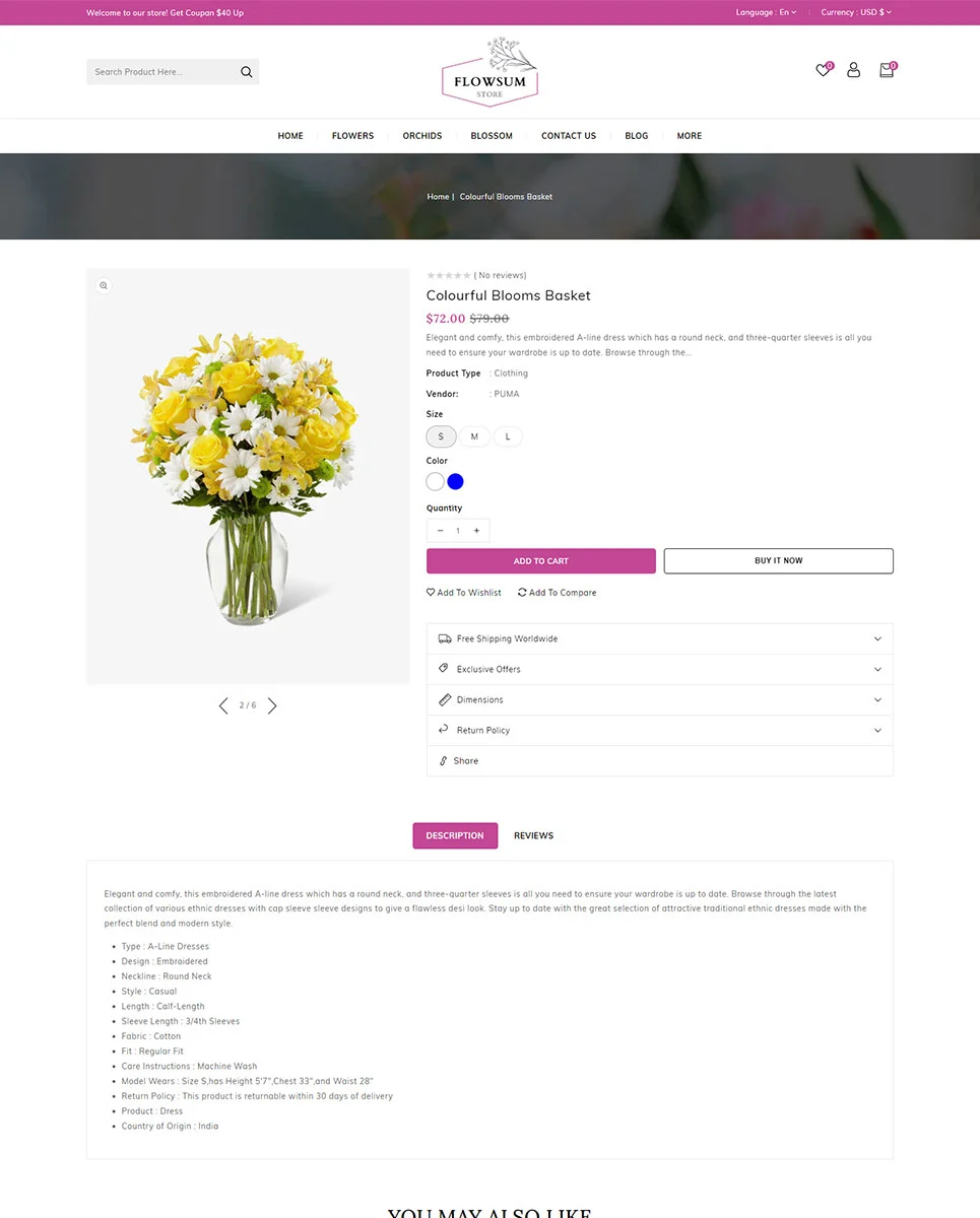 An example of a product description for web version flowers store with image of flowers.
