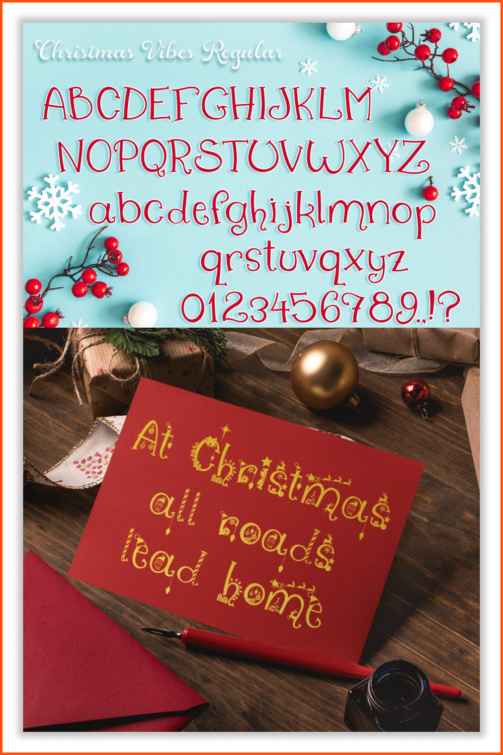 Golden letters in an unusual font Christmas Font on a red postcard.