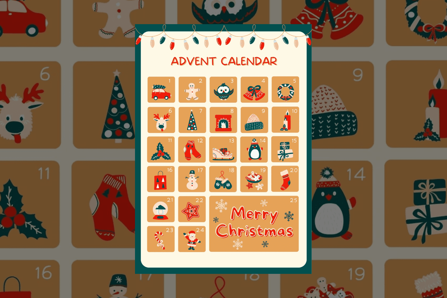 December calendar with funny colorful Doodle elements .