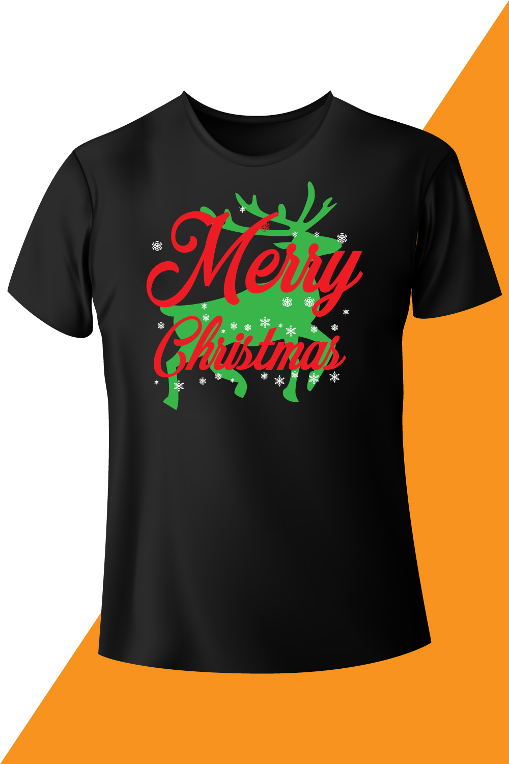 Image of a black t-shirt with a charming inscription Merry Christmas and a green deer.