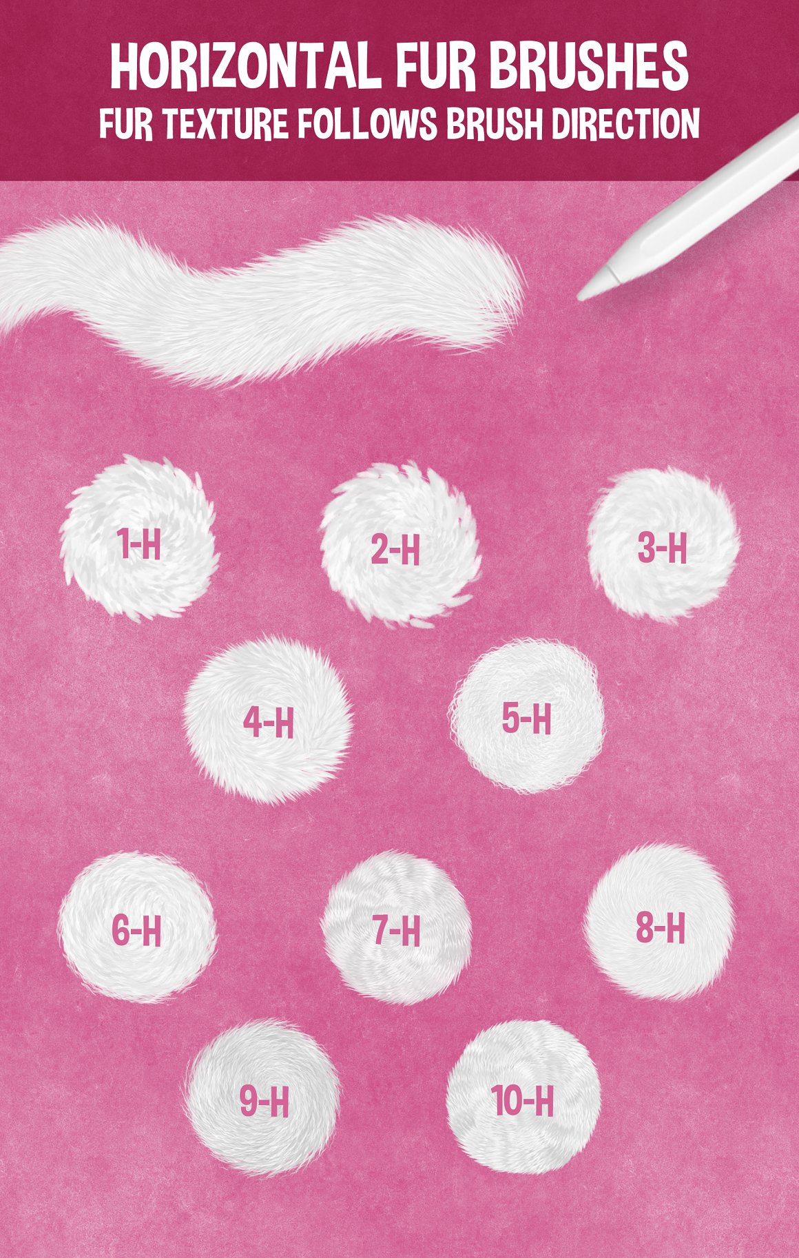 White collection of 10-H fur brushes on a pink background.