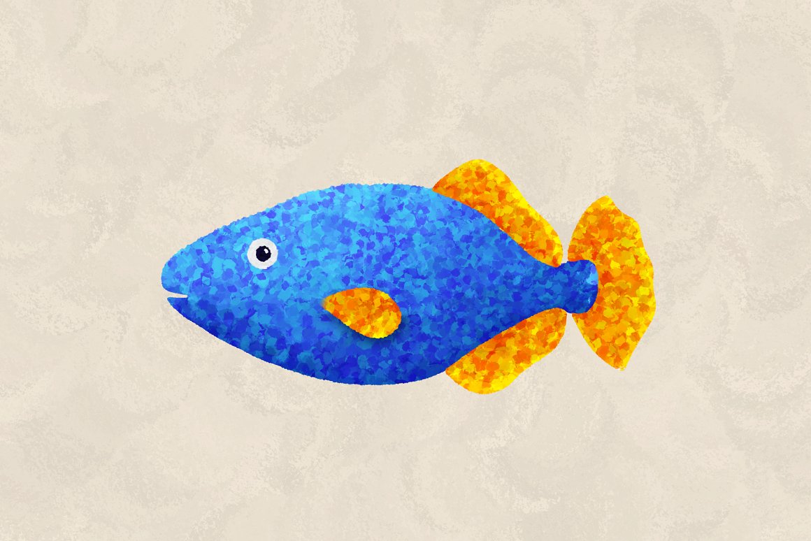 Illustration of a blue fish on a beige background.