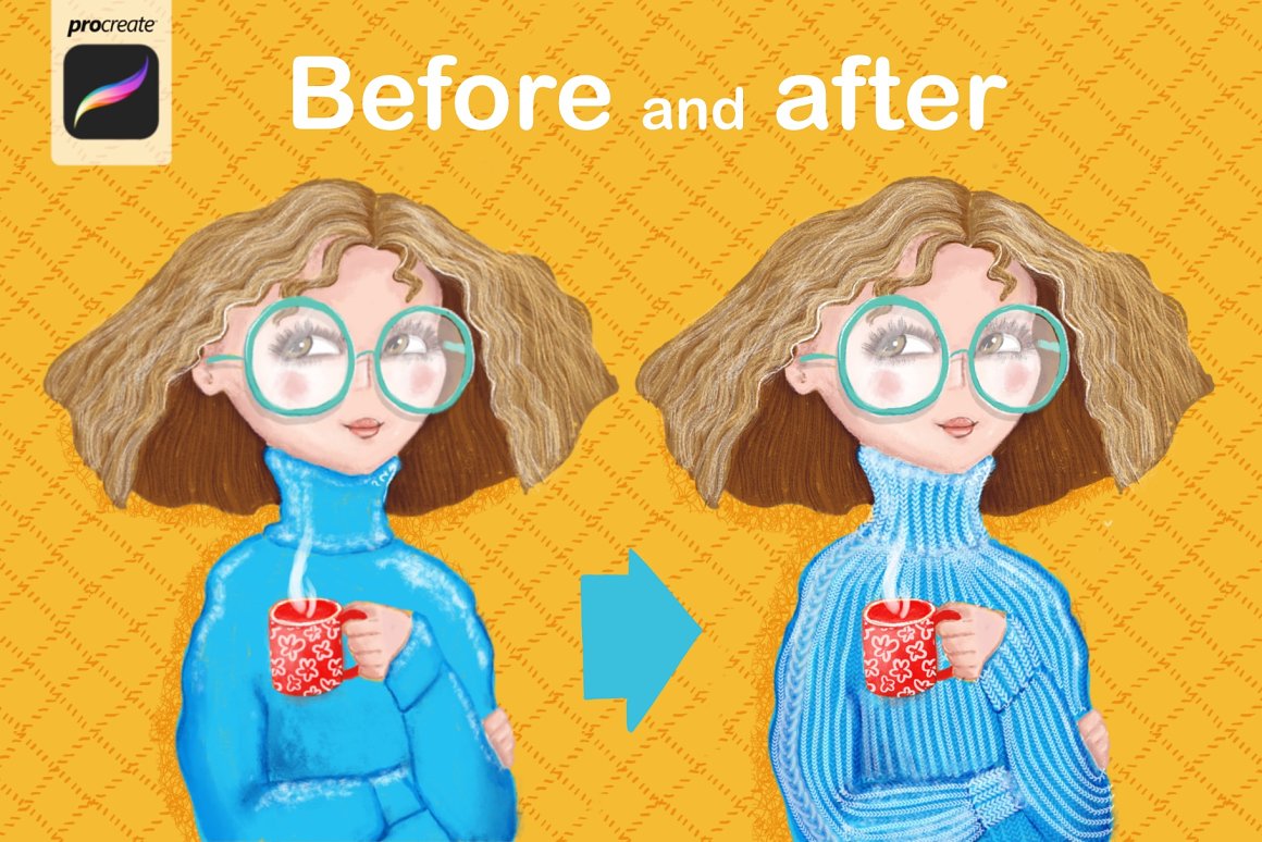 White "Before and after" lettering and 2 example of girl in different blue sweaters with red cup on a yellow background.