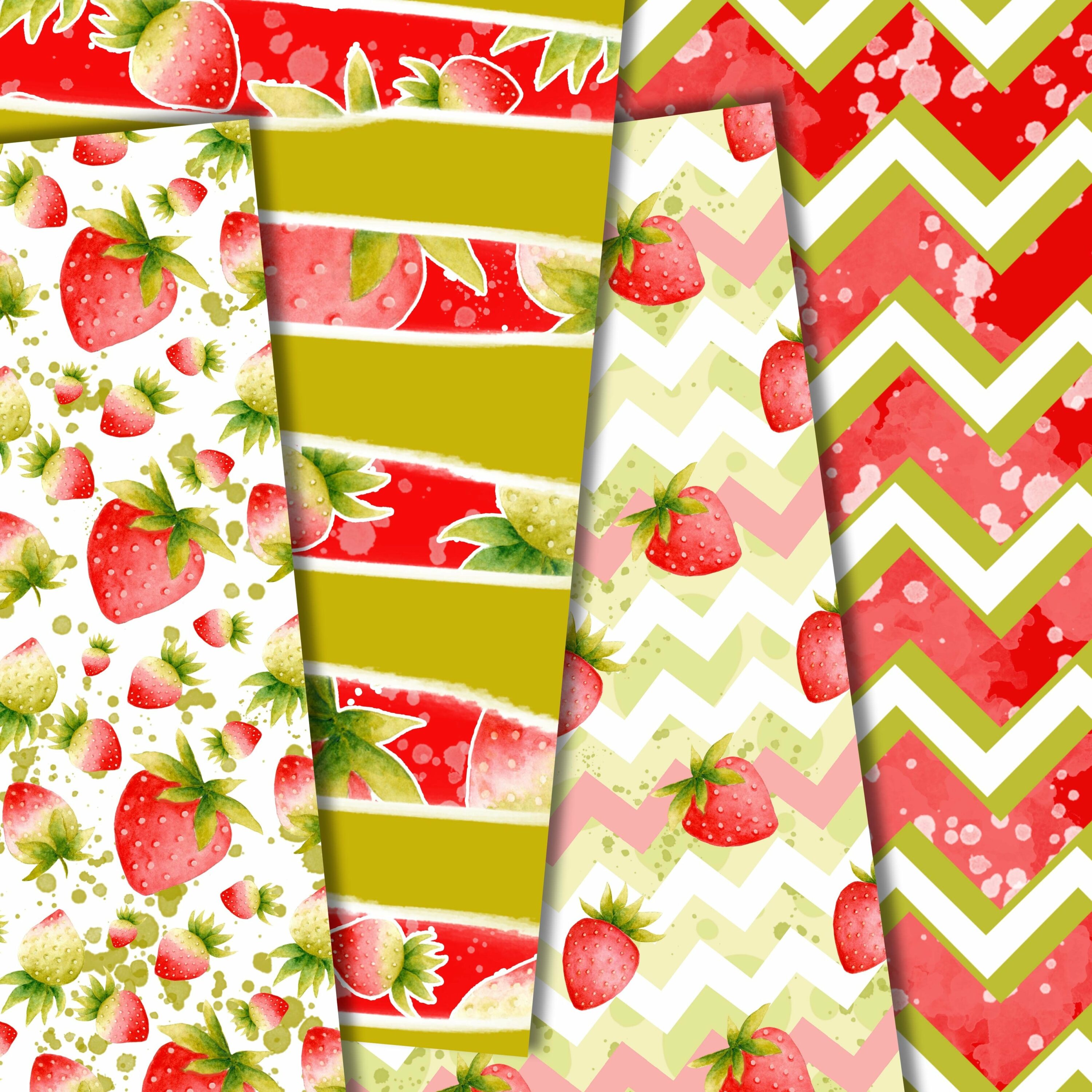 Colorful green patterns with the strawberries illustrations.