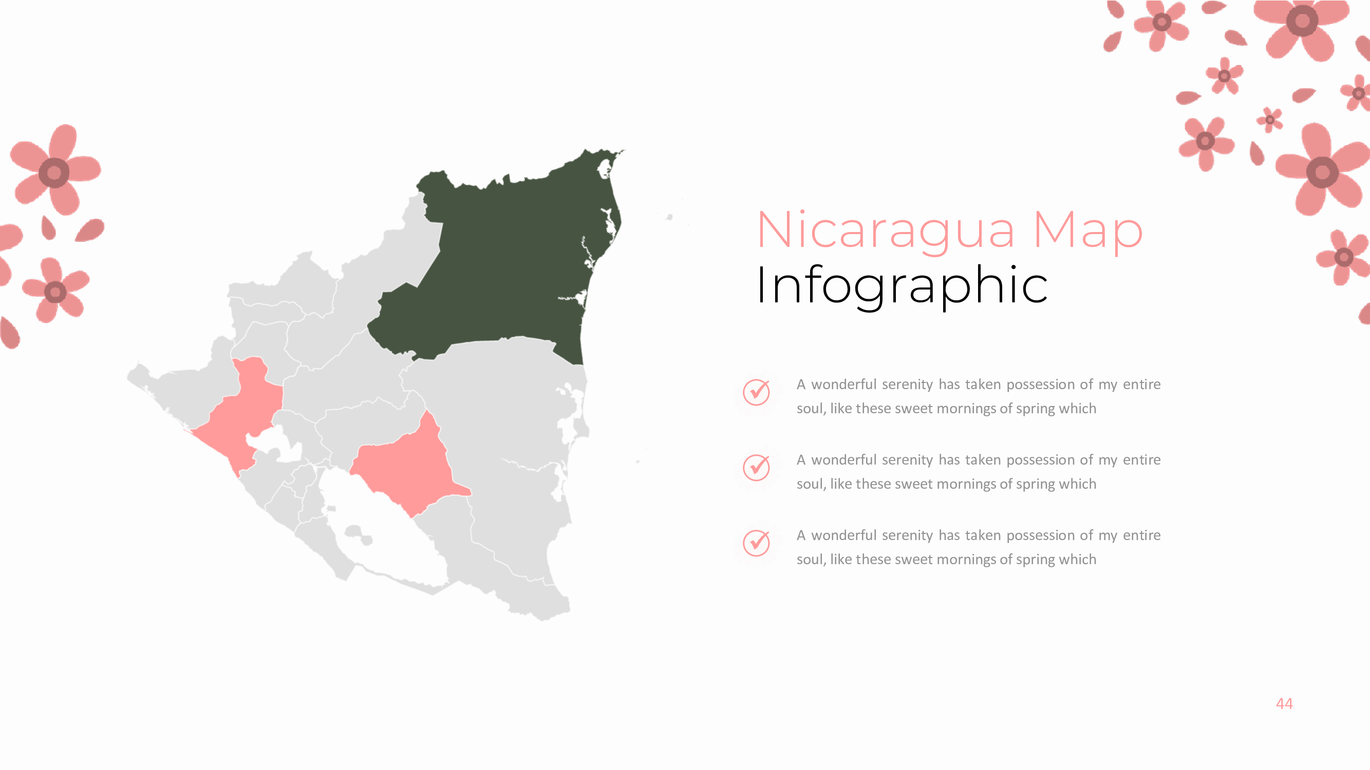 Slide with Nicaragua map infographic. 43 812