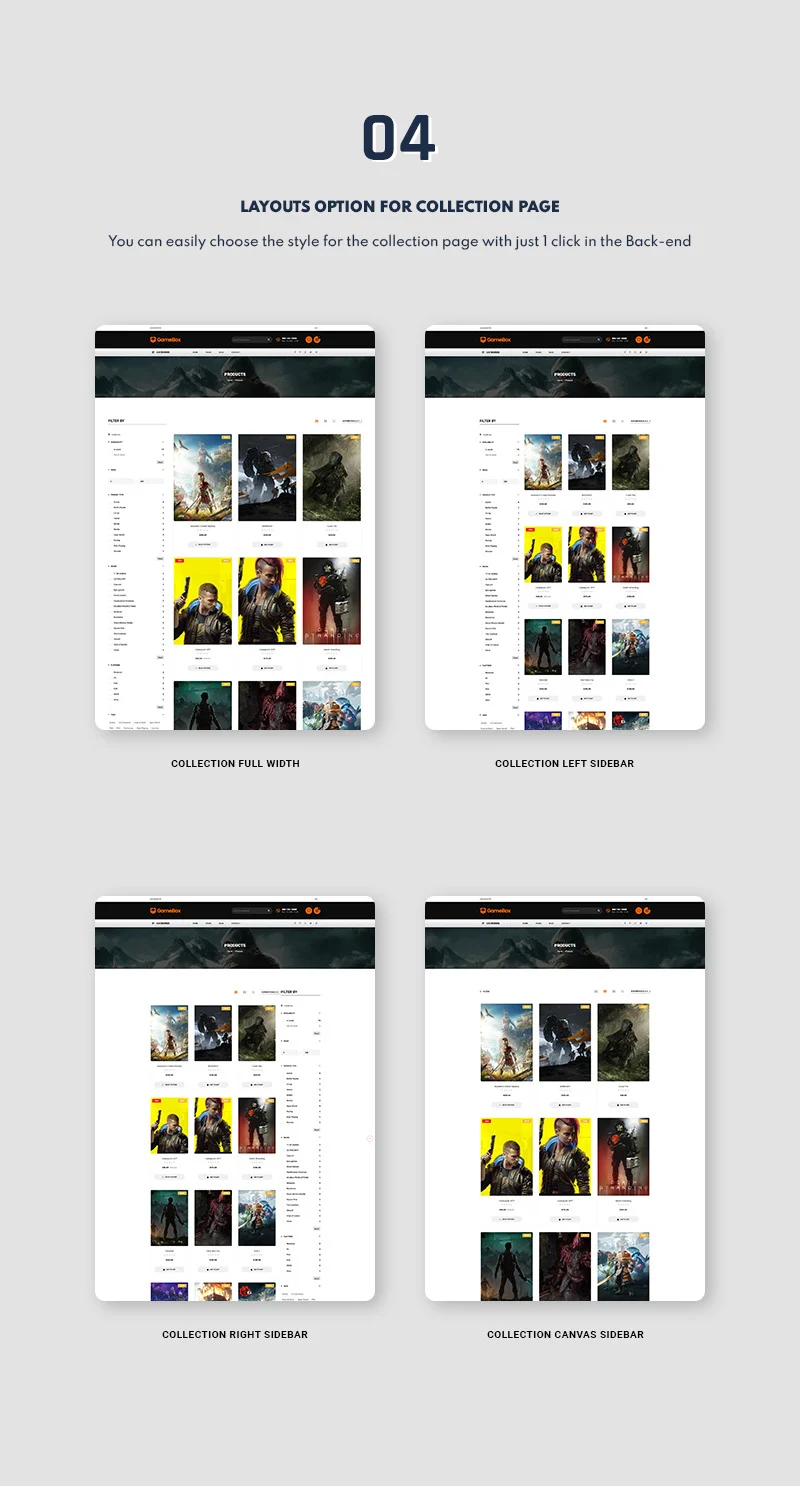 A set of 4 examples of layouts option for collection page on a gray background.