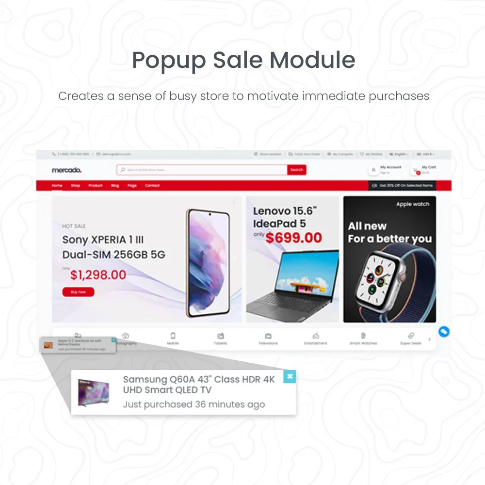 Black lettering "Popup Sale Module" and web version tech store on a white background.