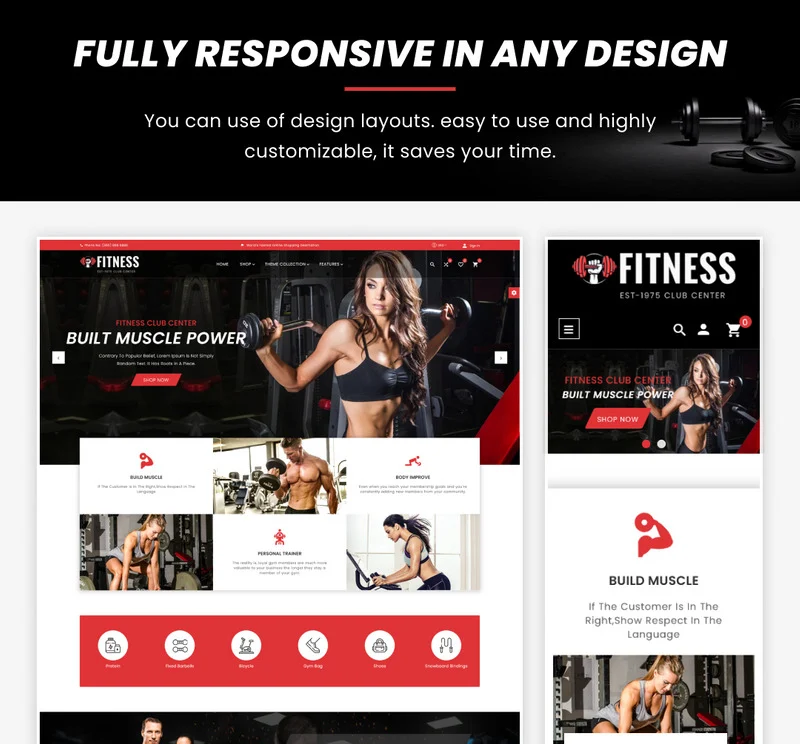 White lettering "Fully responsive in any design" on a black background and 2 templates shopify store in white, black and red in web and mobile versions on a gray background.