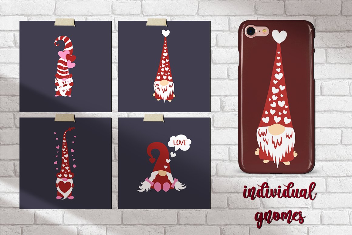 A set of 4 different cards and red iphone case with illustrations of a valentine's gnome.