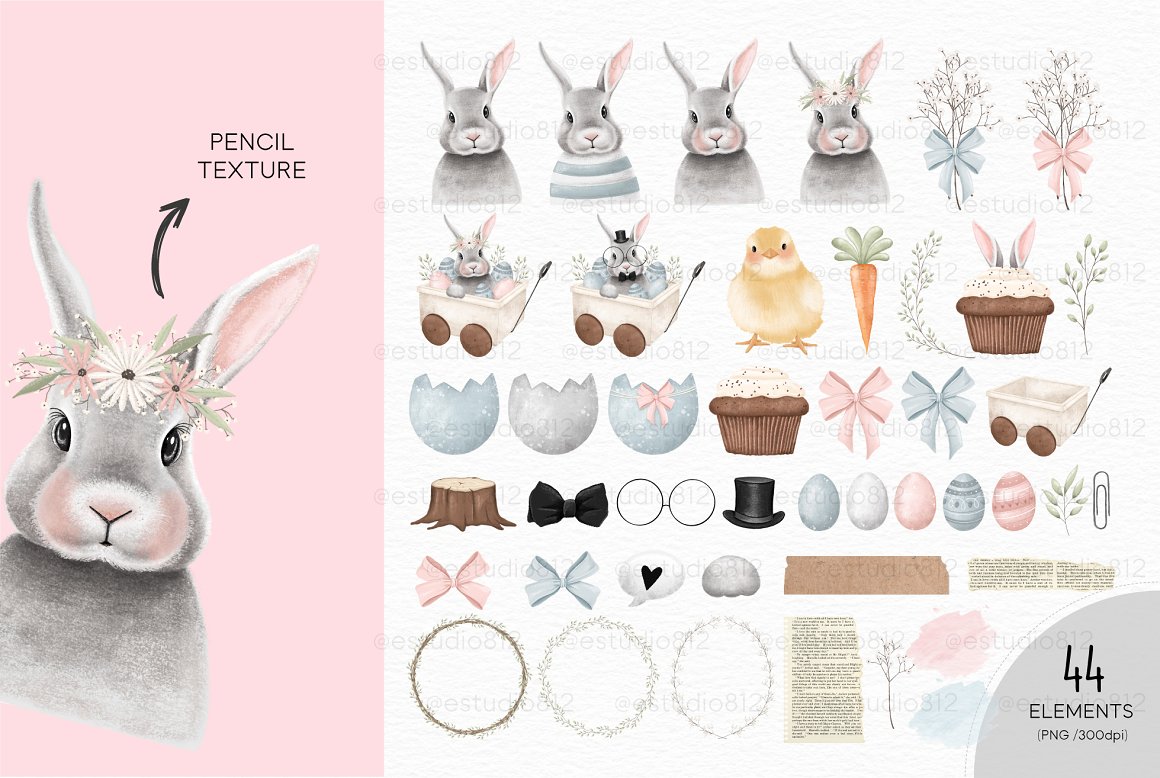 Clipart of 44 different watercolor easter elements.