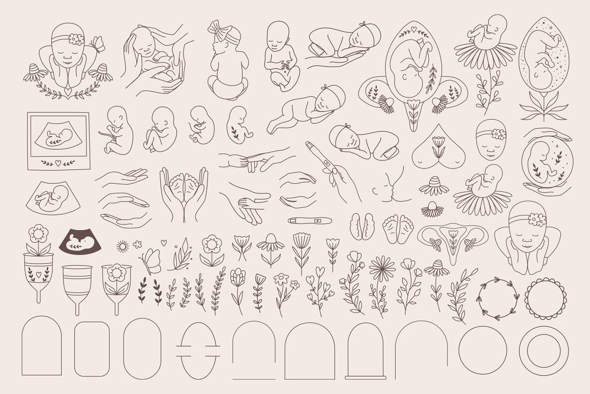 78 babies and elements illustrations on a gray background.
