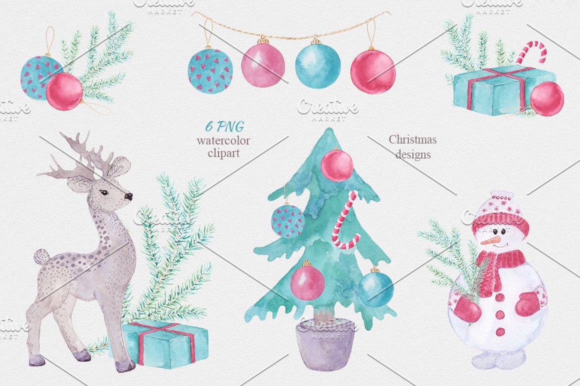 A set of different colorful christmas decor, elements, christmas tree, snowman and reindeer on a gray background.