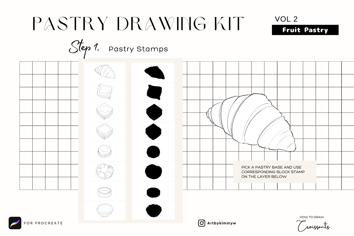 Black lettering "Pastry Drawing Kit" and white-black croissant on a white background.