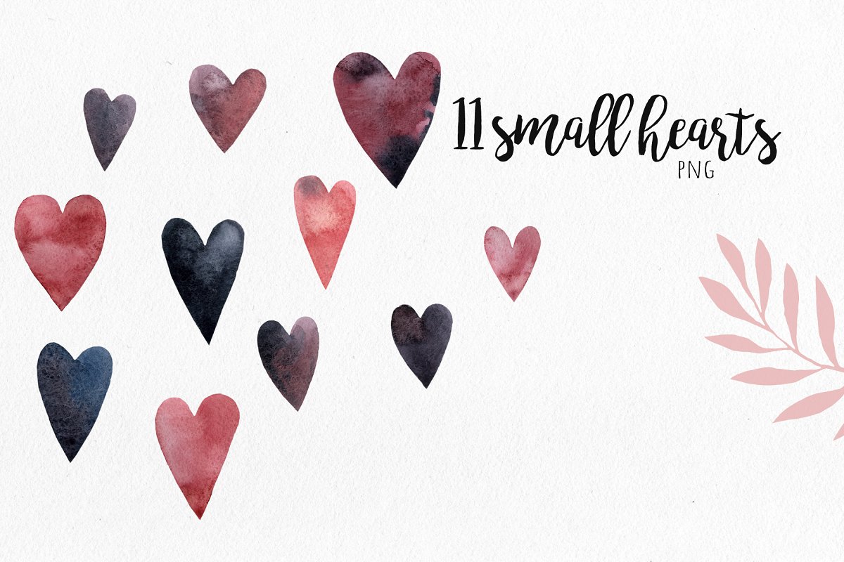 There are 11 small watercolor hearts.