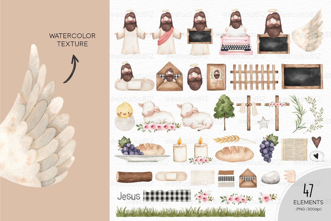 A set of 47 different watercolor illustrations of a Jesus, chicken, goatling and other elements on a white background.