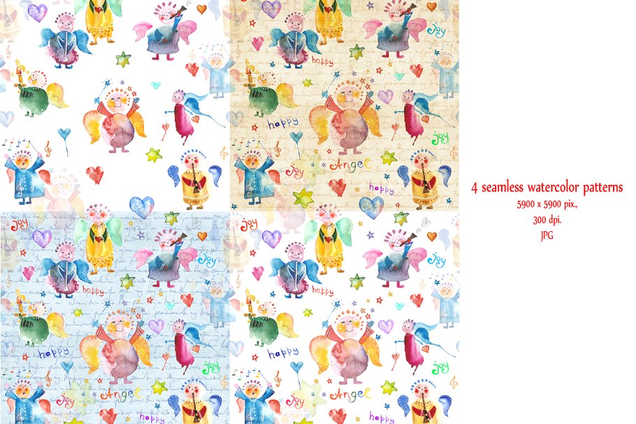 You will get 4 seamless patterns with watercolor cartoon angels.