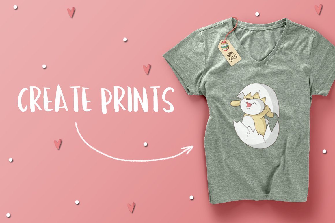 White lettering "Create prints" and gray t-shirt with illustration of bunny in egg on a pink background.