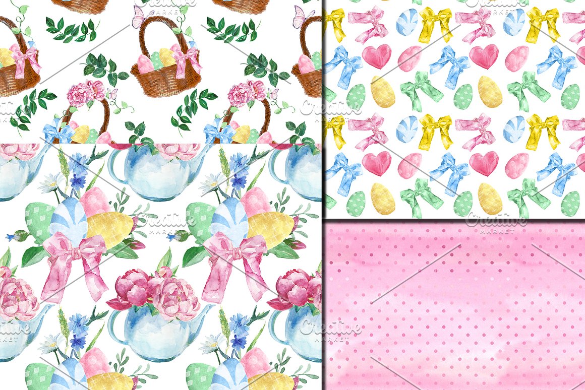 4 different pink, white, blue and green easter seamless patterns with basket, eggs, pink grain, bows and peonies.