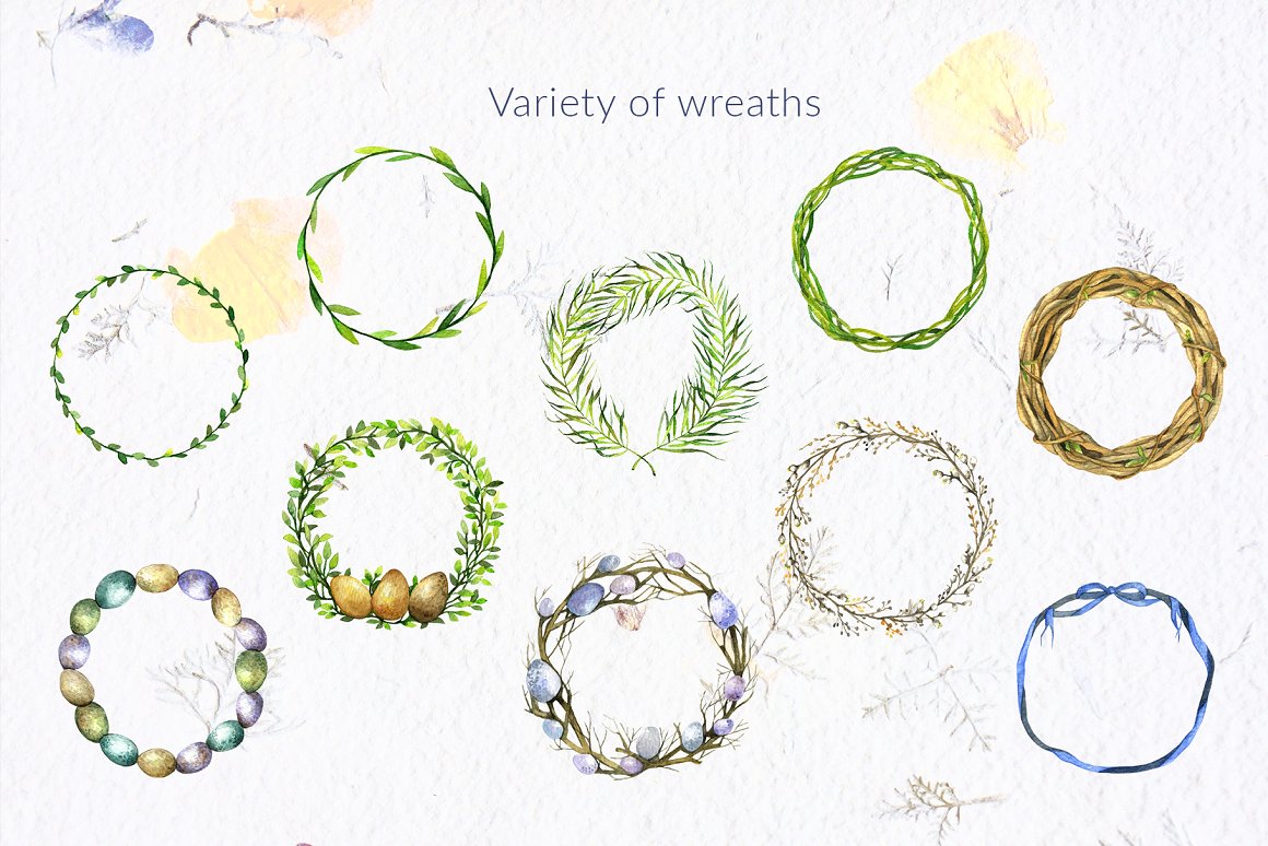 A set of different green, blue and purple wreaths on a gray background.