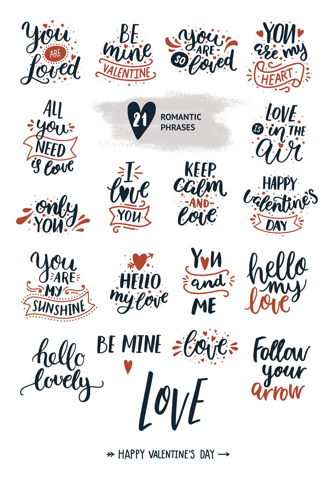 21 different romantic phrases in black and red on a white background.