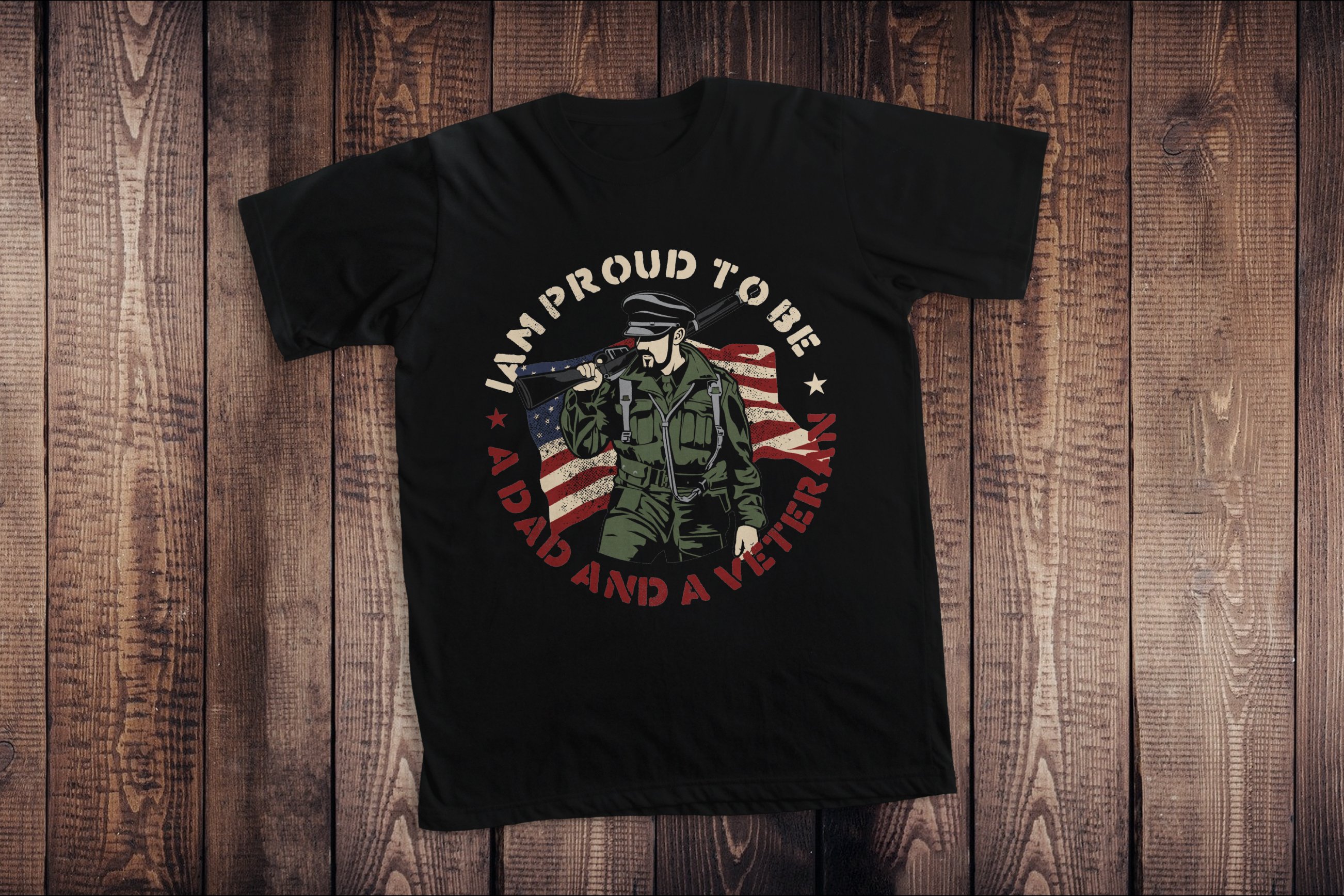 Black t-shirt with the veteran illustration in a round shape.