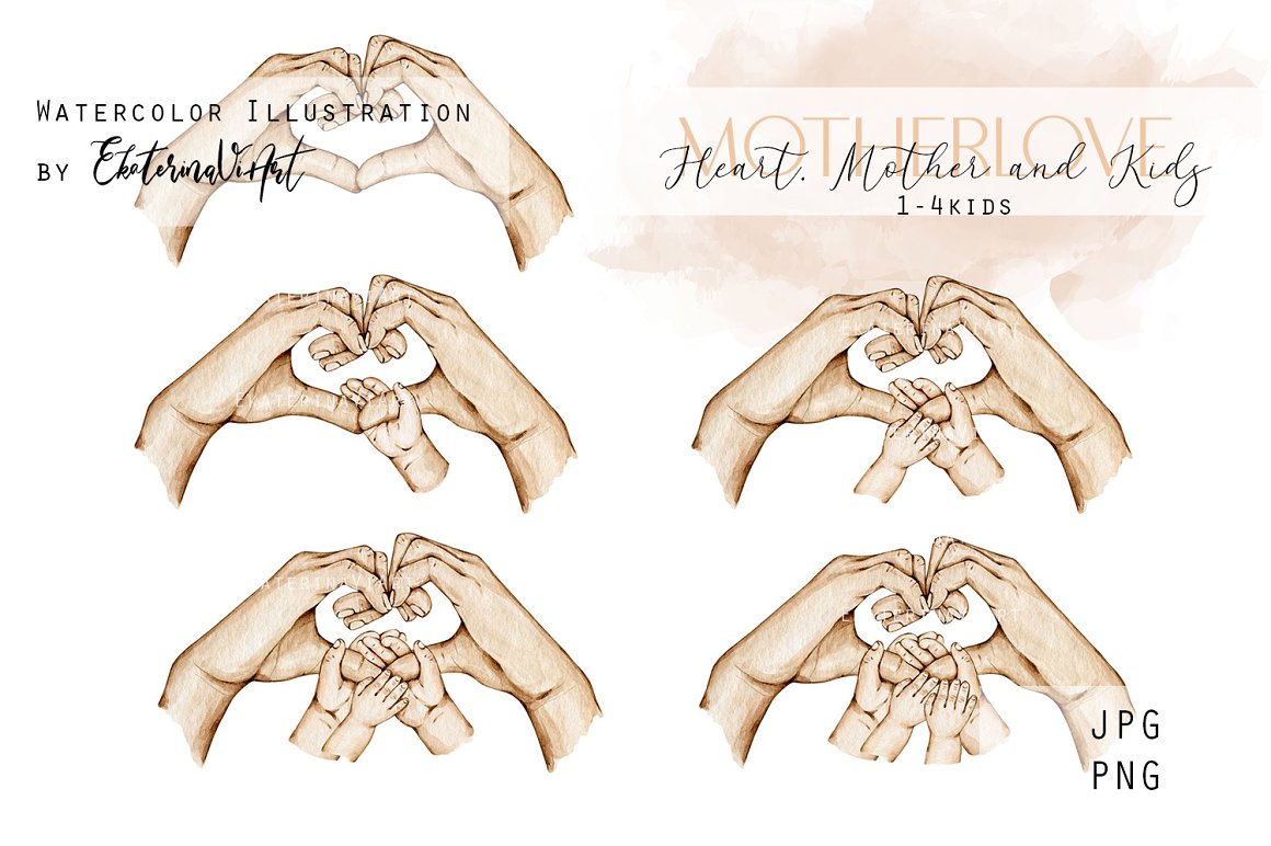 A set of 5 different illustrations of heart mother and kids hands.