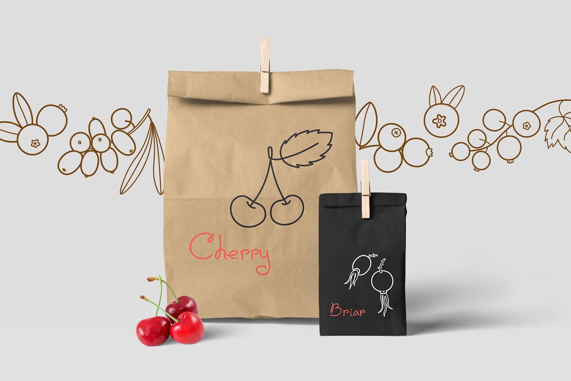 Craft and black packaging with illustrations of a cherry and briar on a gray background.