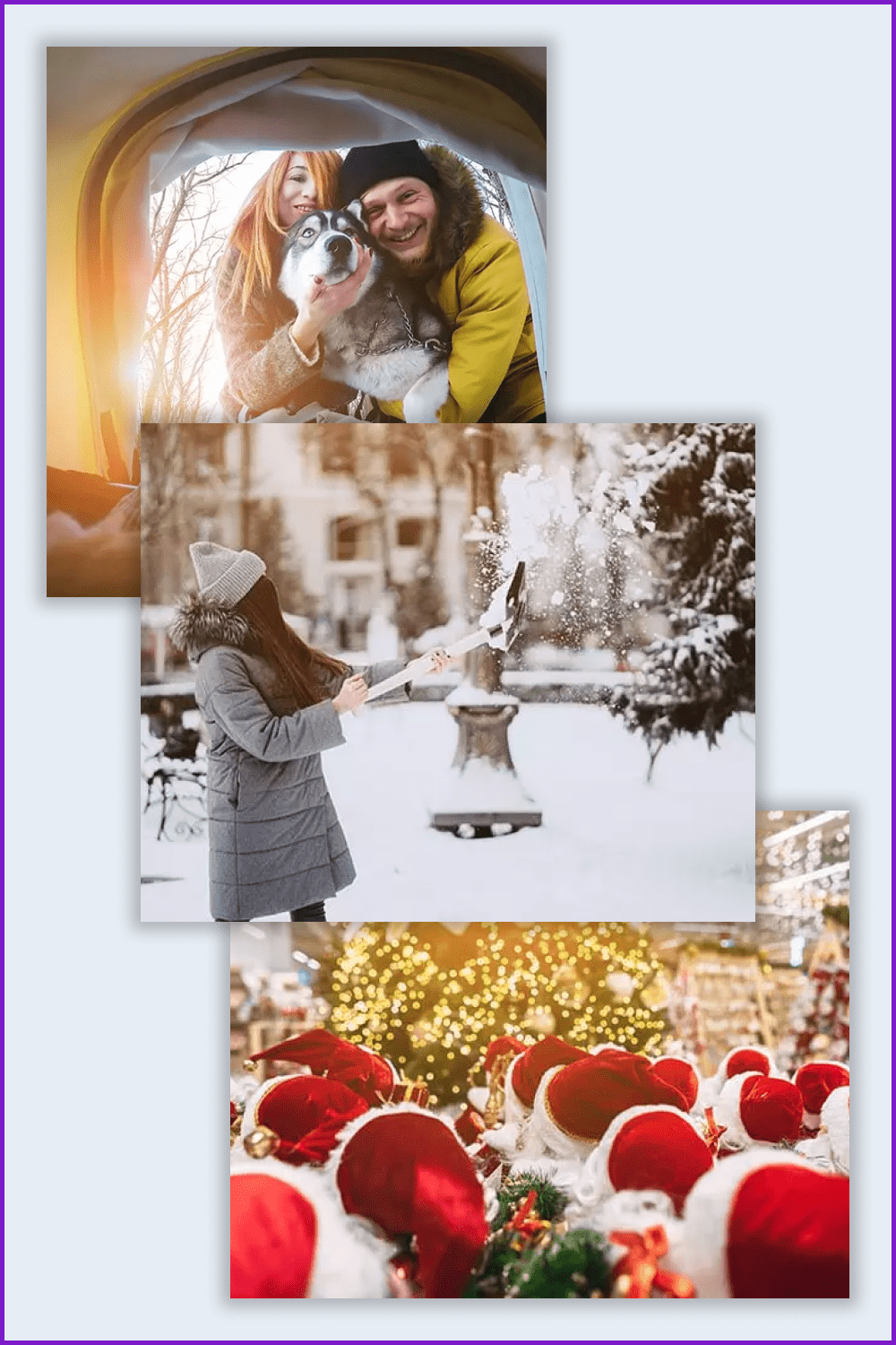 Collage of photos of winter landscapes and Santa Claus.