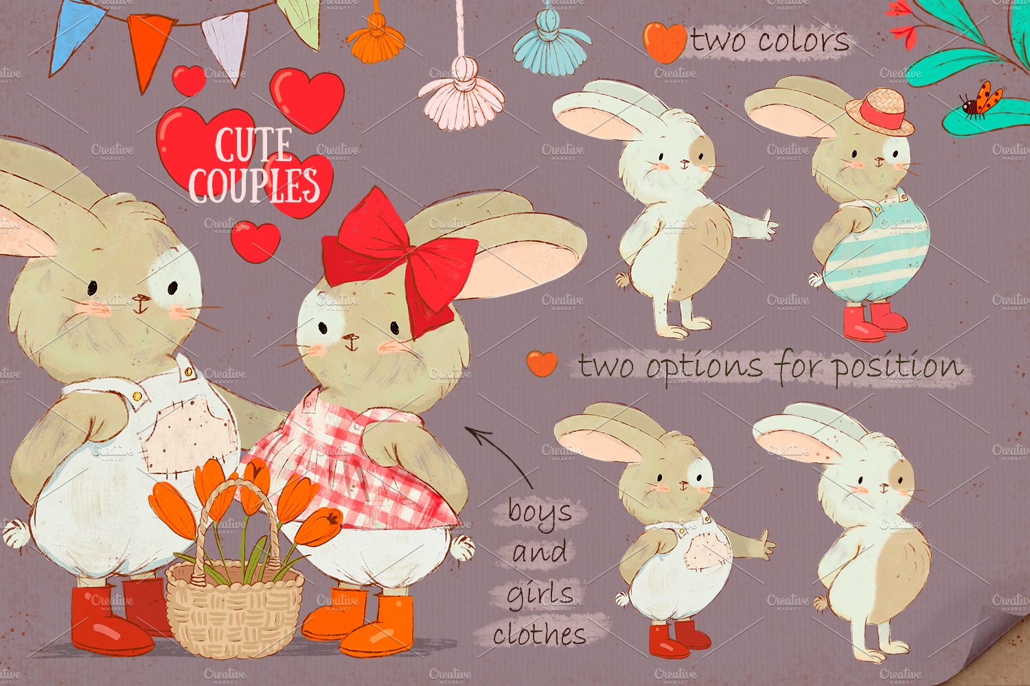 Pastel illustration with the overdressed bunnies.