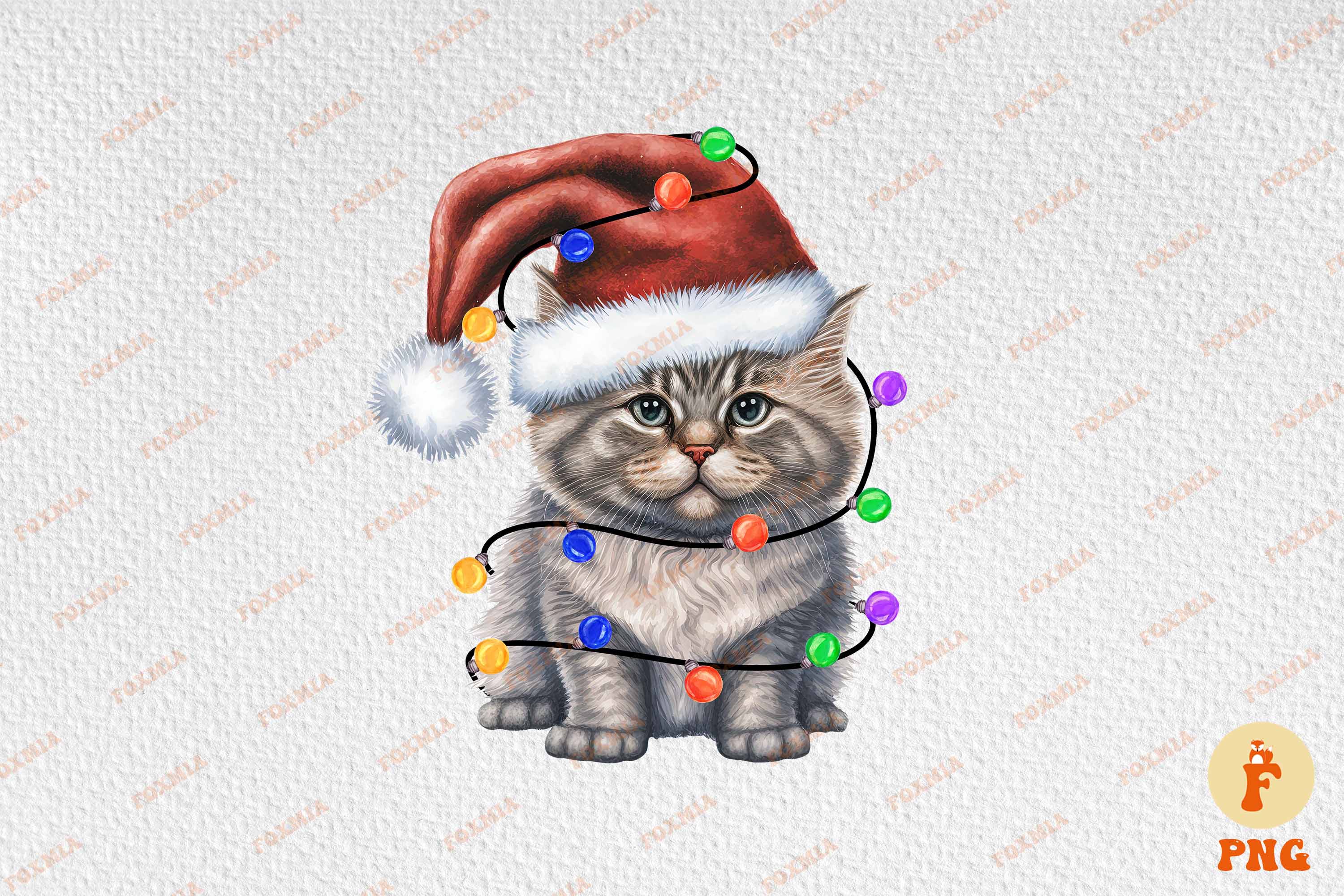 Colorful image of a cat in a santa hat.