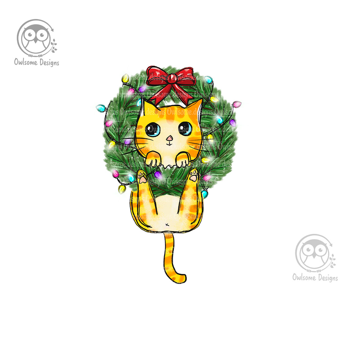 Colorful image with a cat on a Christmas tree wreath.