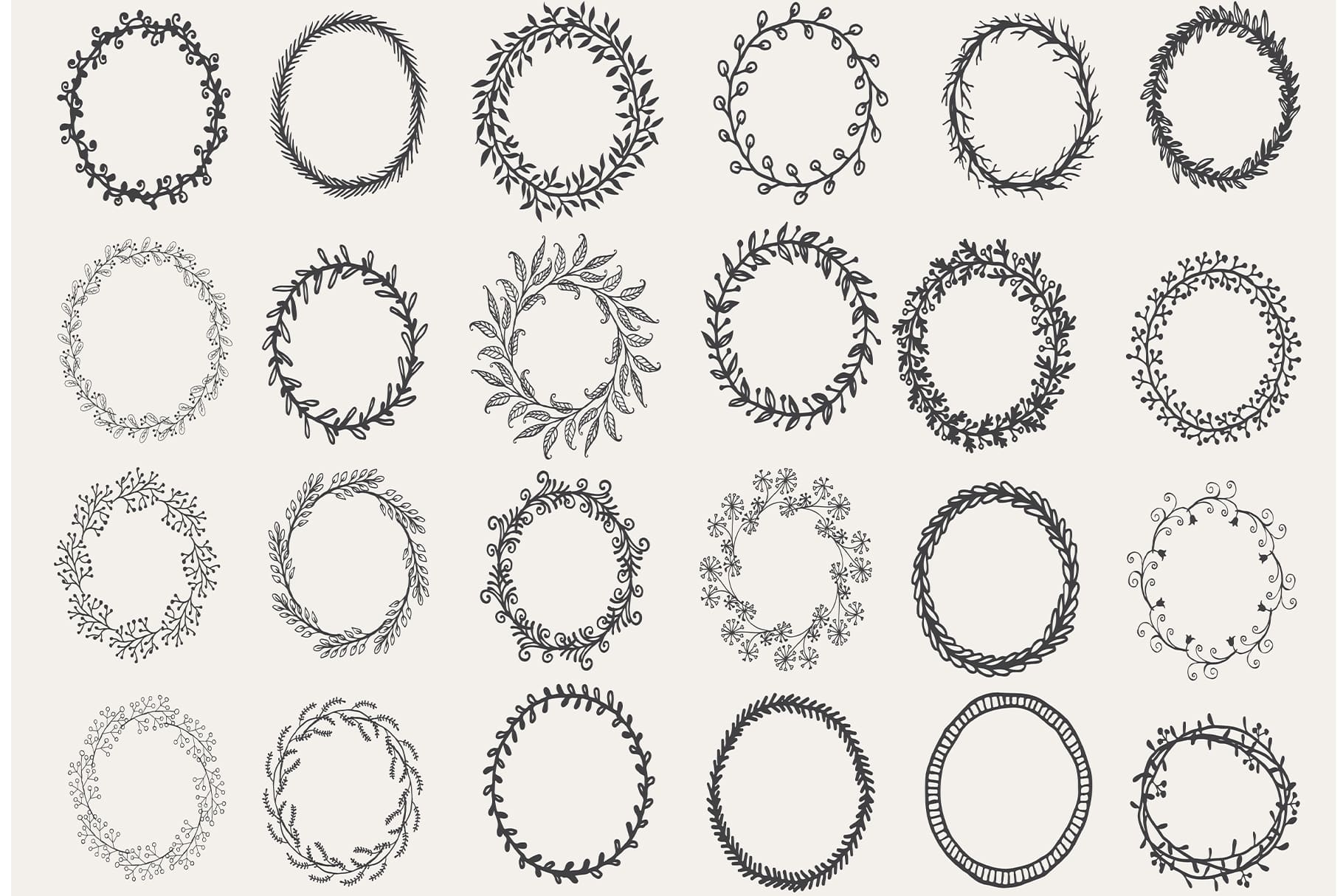 Hand drawn set of 24 different wreaths on a gray background.