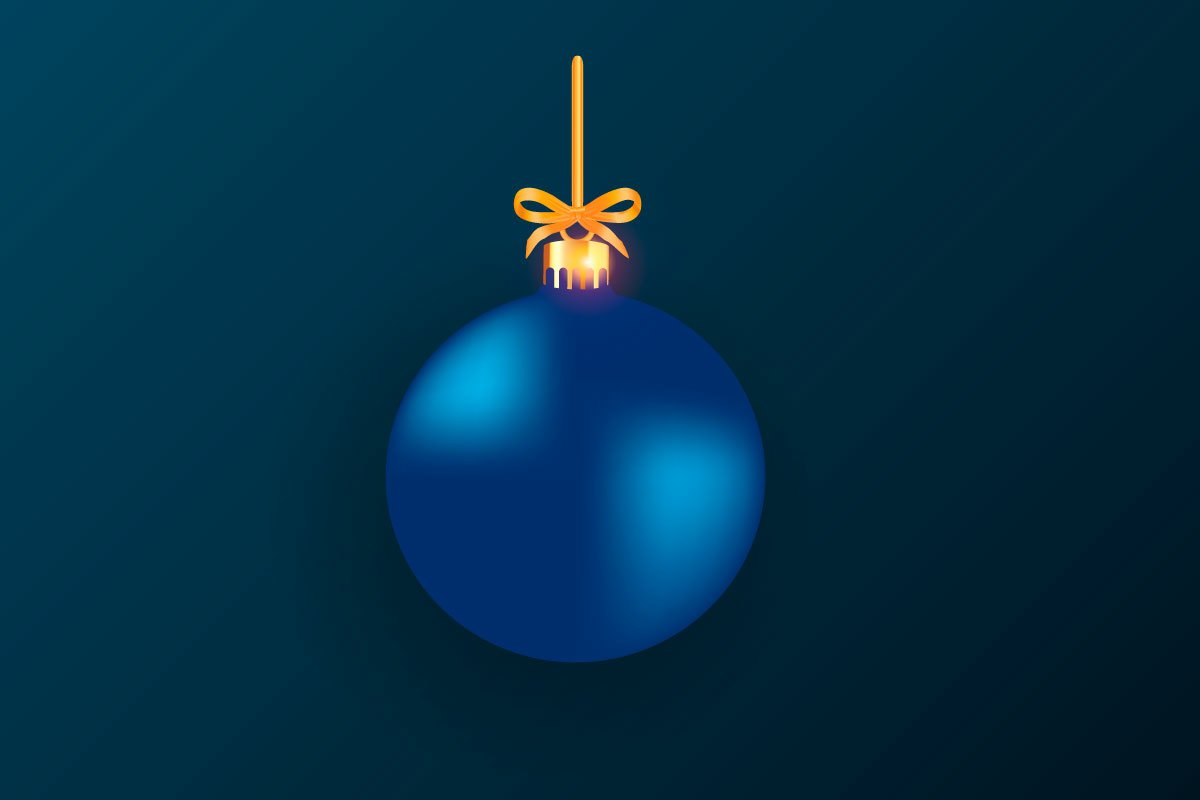 Deep green matte background with the blue Christmas ball.