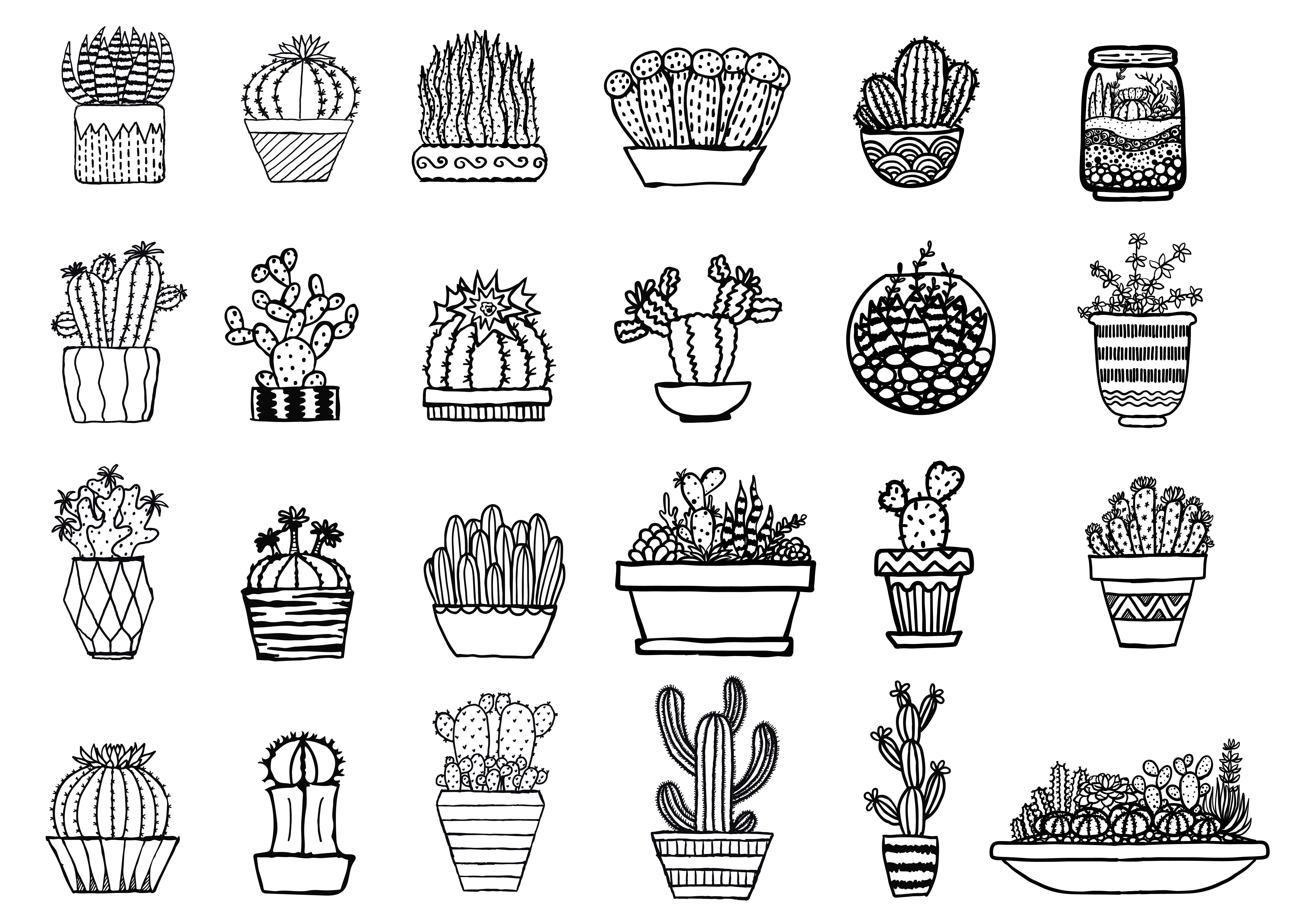 Black collection of 24 different illustrations of a cactus.