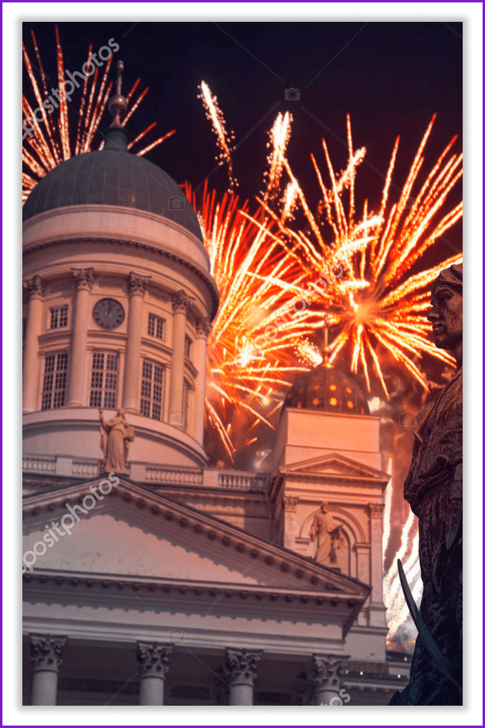 Photograph of the cathedral with fireworks behind it.