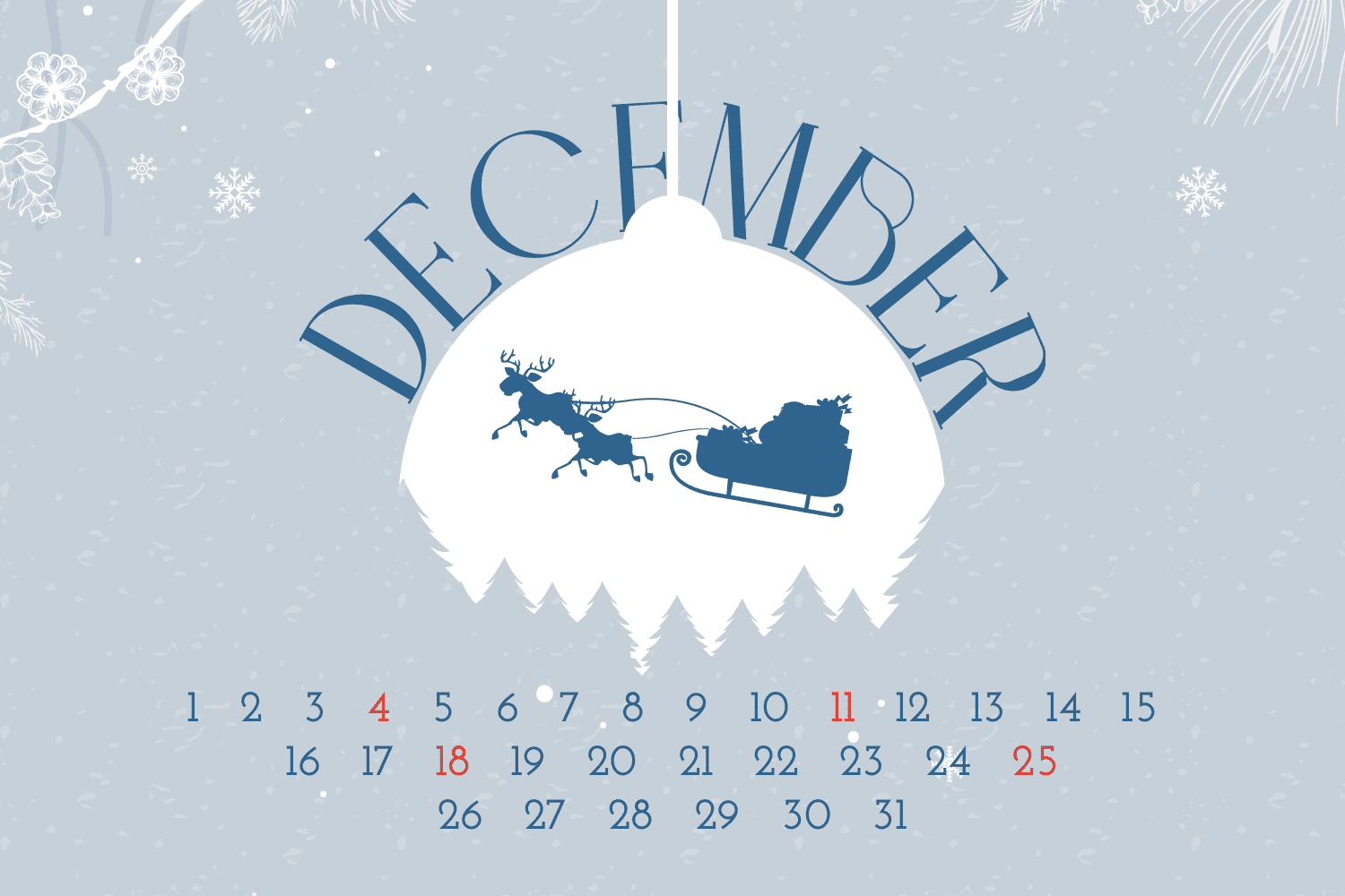 December calendar with santa claus sleigh on white background.