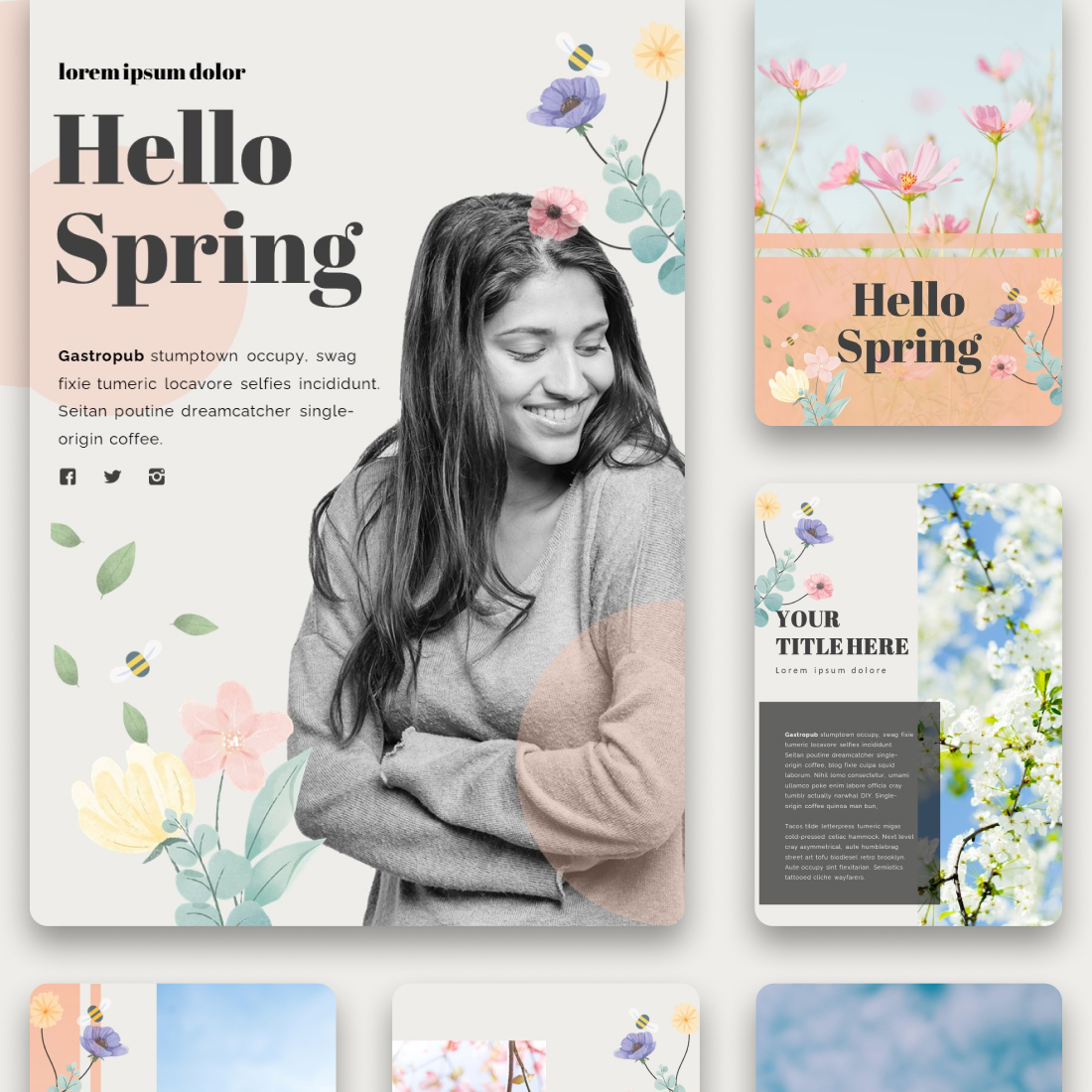 Collection of images of colorful presentation slides on the theme of the coming of spring.