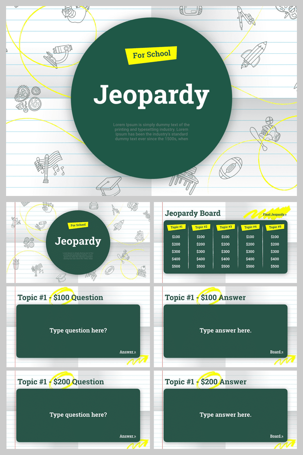 PowerPoint Jeopardy template in a grey and green colors.