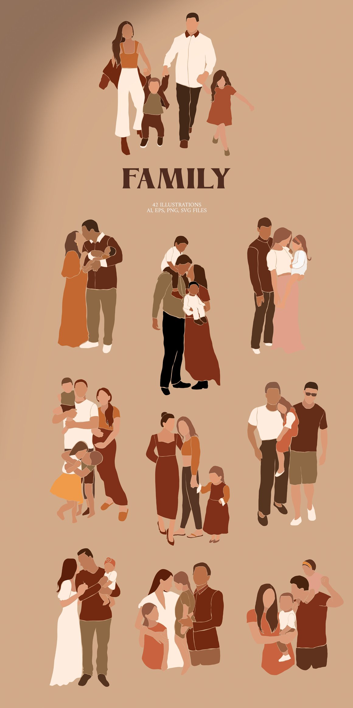 A set of 10 different beautiful family illustrations.