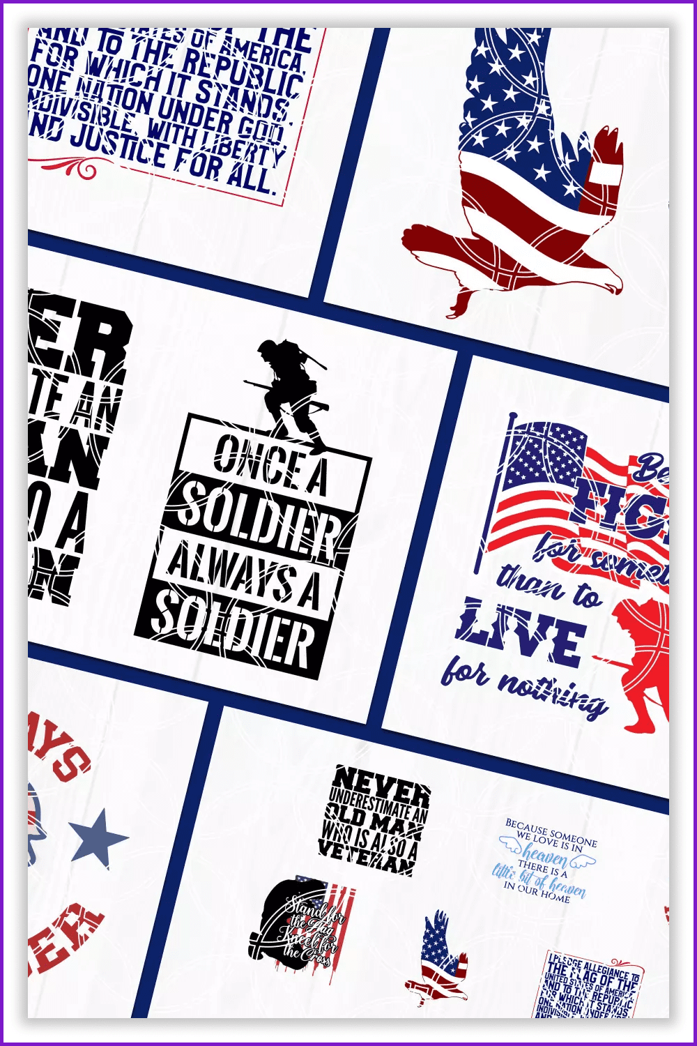 Collage of images of prints with the American flag and soldiers.