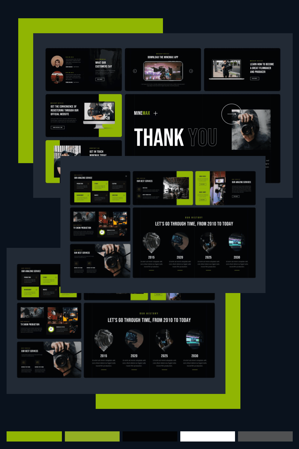 Collage of presentation pages with a black background and bright light green inserts.