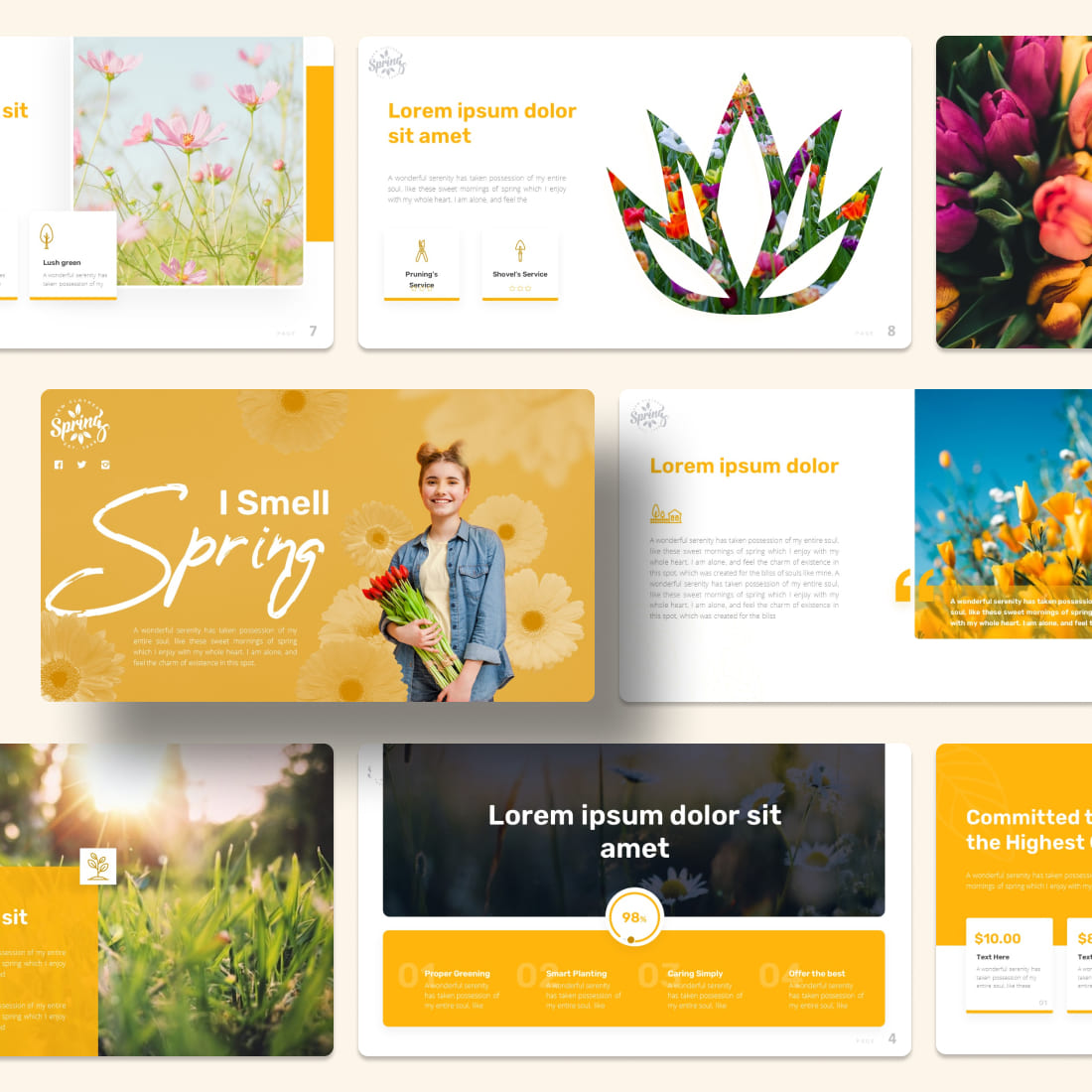 Collection of images of colorful presentation slides on the theme of spring.