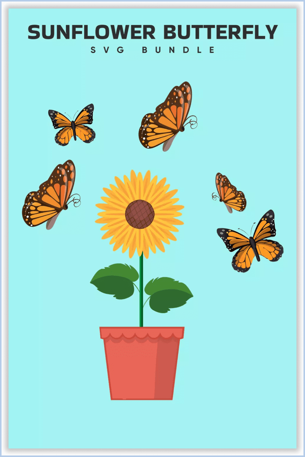 Orange butterflies fly around a potted sunflower.
