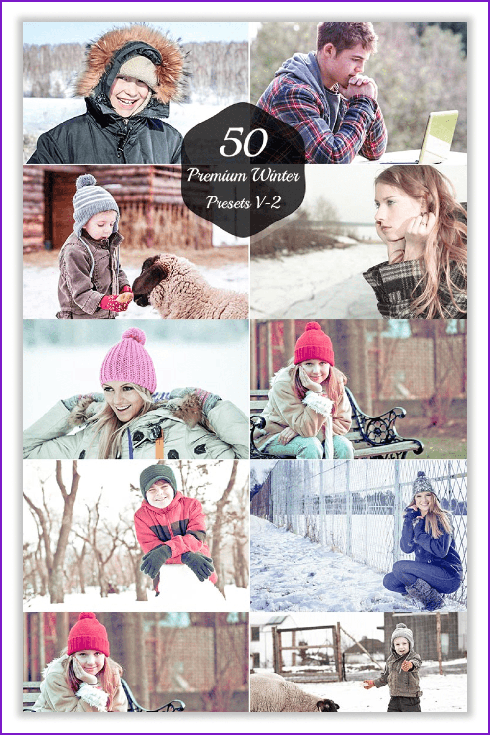Photos of people in winter landscapes.