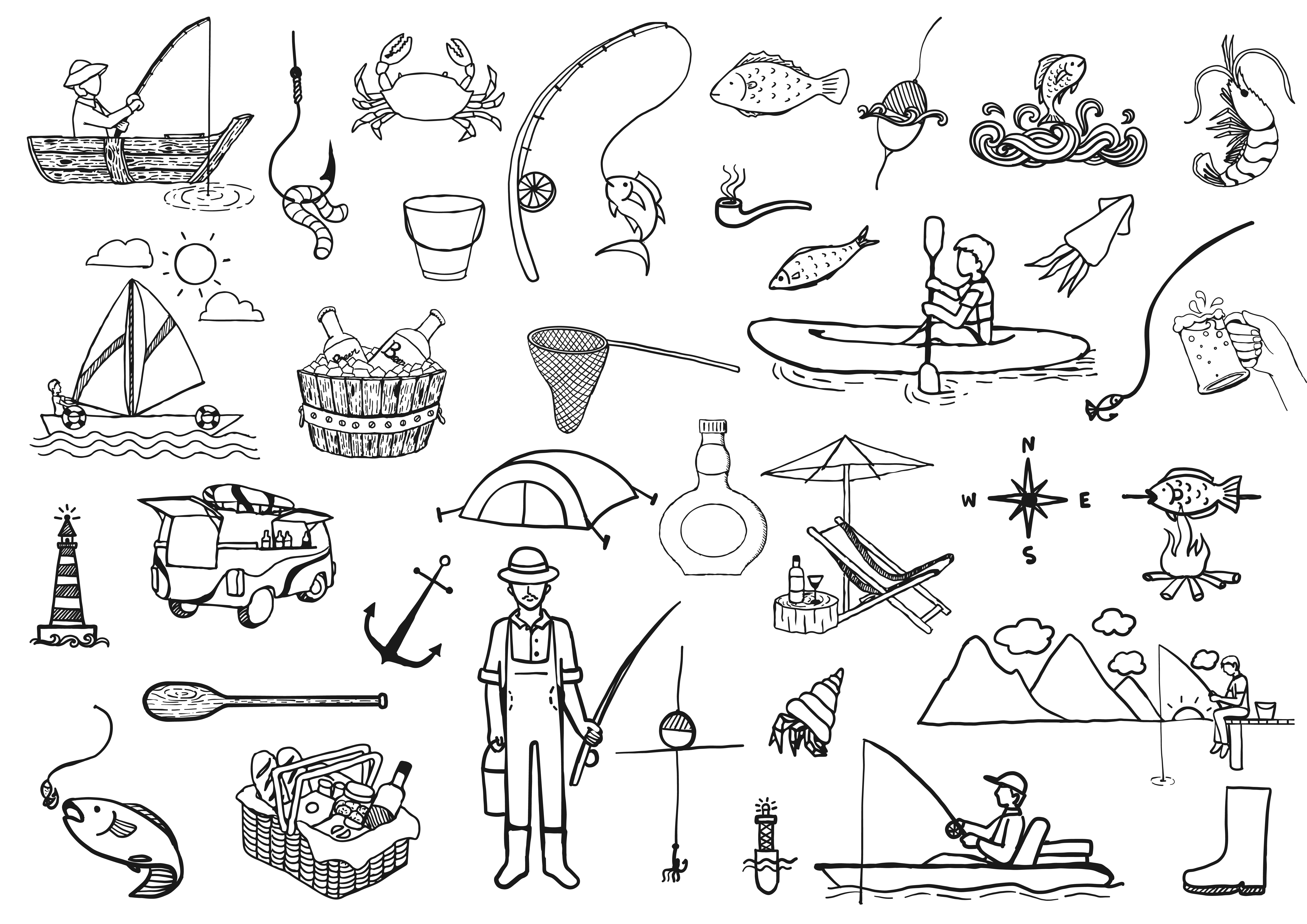 Hand drawn set of different fishing elements on a white background.