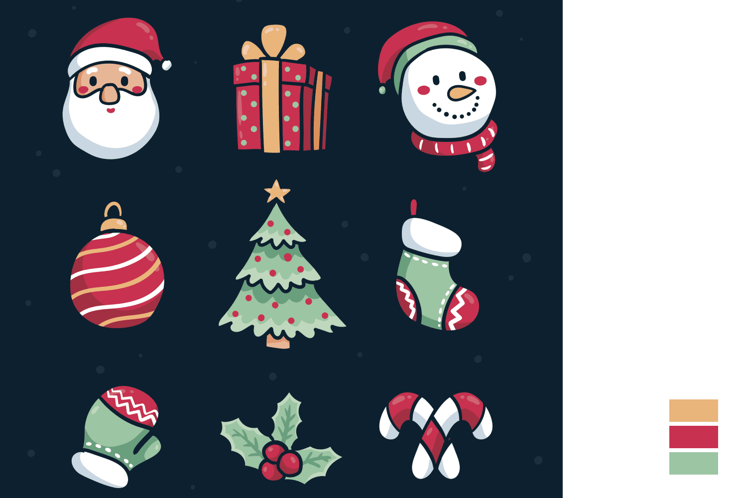 Collage of icons of snowman, Santa Claus, Christmas gifts, fir tree, toys and decorations.
